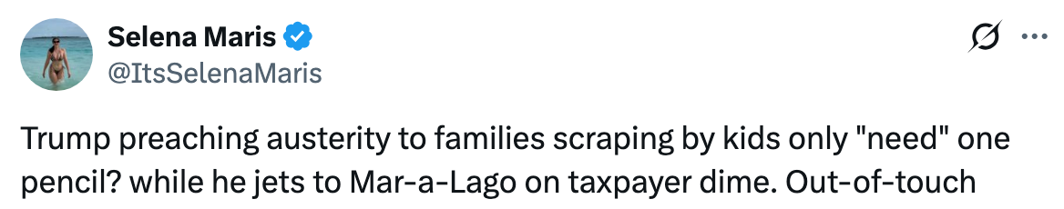 Tweet som kritiserer Trumps krav om innstramninger mens han angivelig bruker skattebetalernes penger til Mar-a-Lago-turer