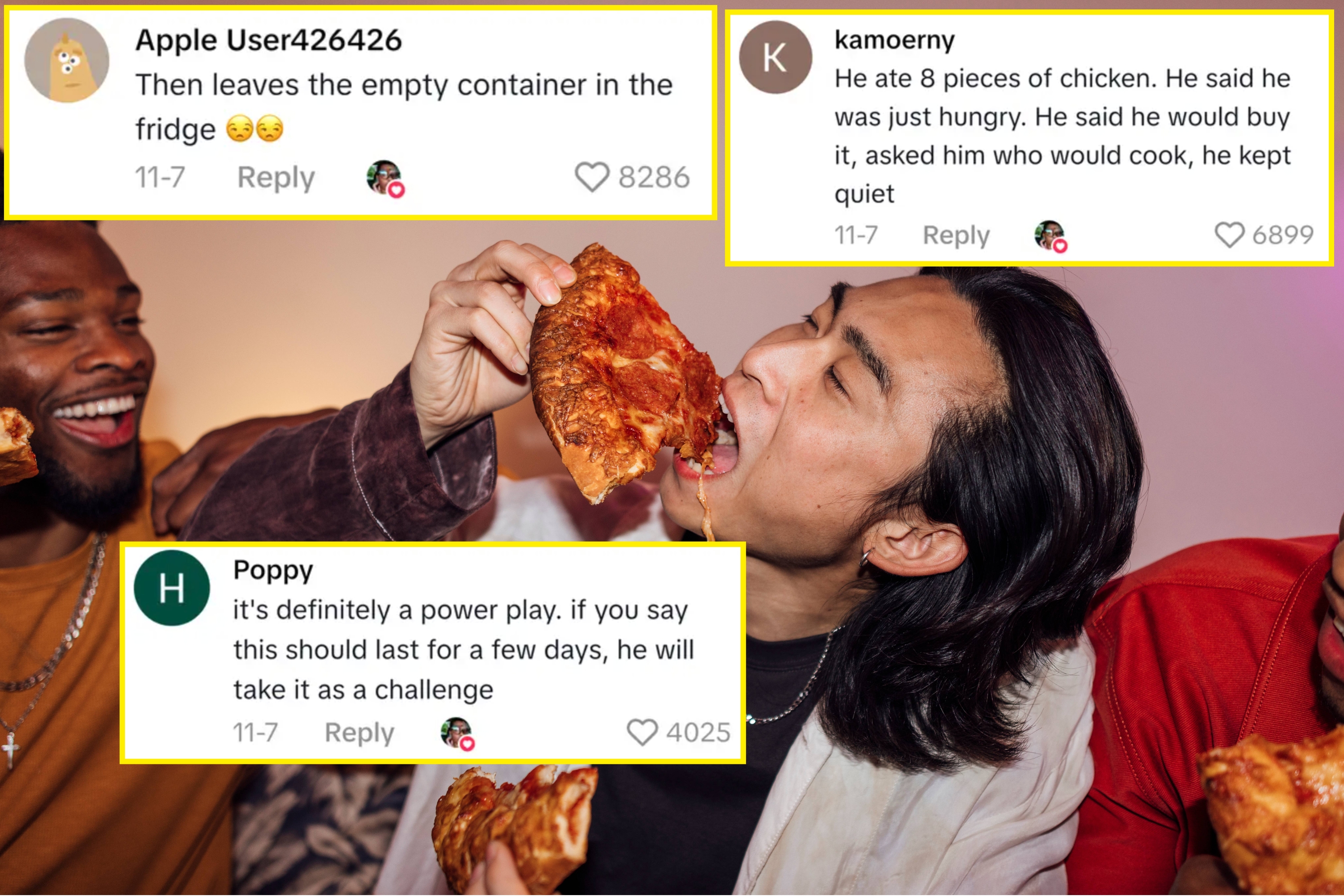Person biting into pizza, friends laughing nearby. Overlaid comments discuss excessive male eating habits