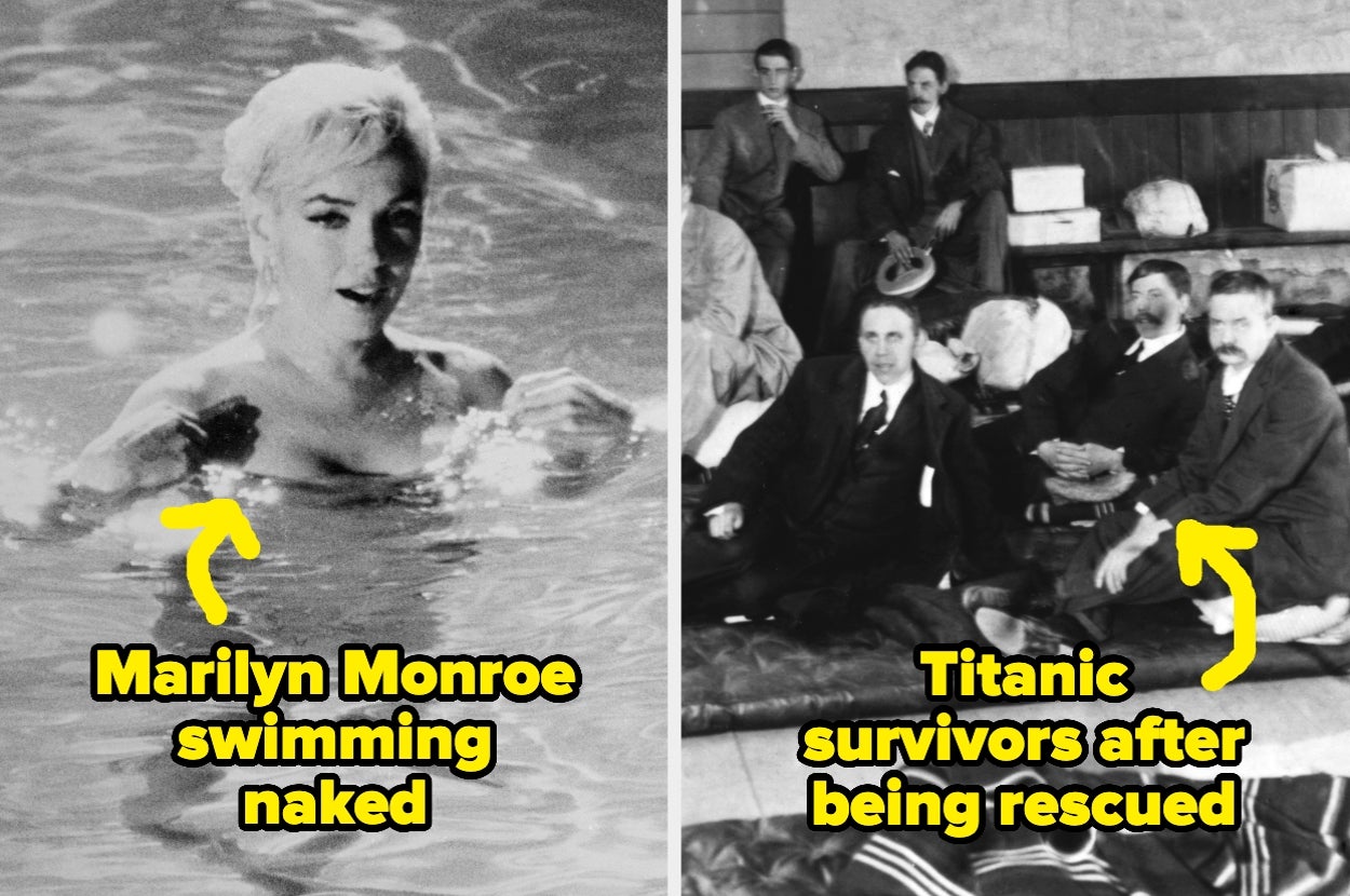 Left: Person swimming in water. Right: Group of men sitting after being rescued. Text labels both: "Marilyn Monroe swimming naked" and "Titanic survivors after being rescued."