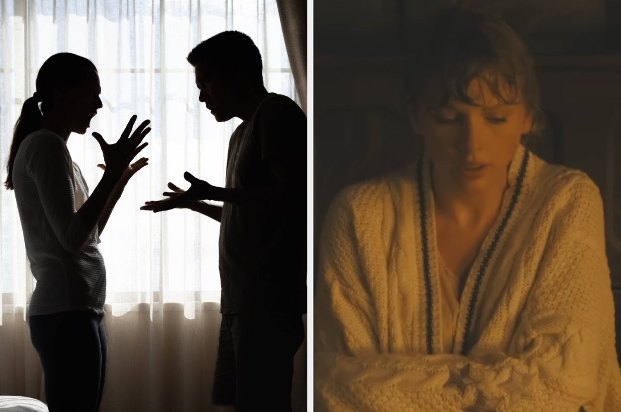 Silhouette of a couple arguing near a window; woman in a knit sweater sits pensively