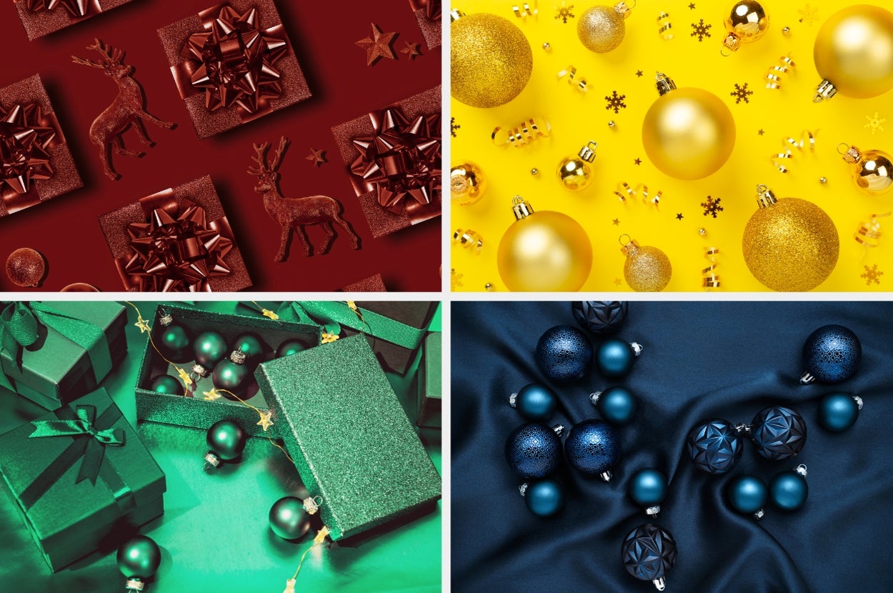 Four quadrants showing holiday-themed ornaments and wrapped gifts, each in a distinct style: reindeer, gold baubles, green boxes, and blue ornaments