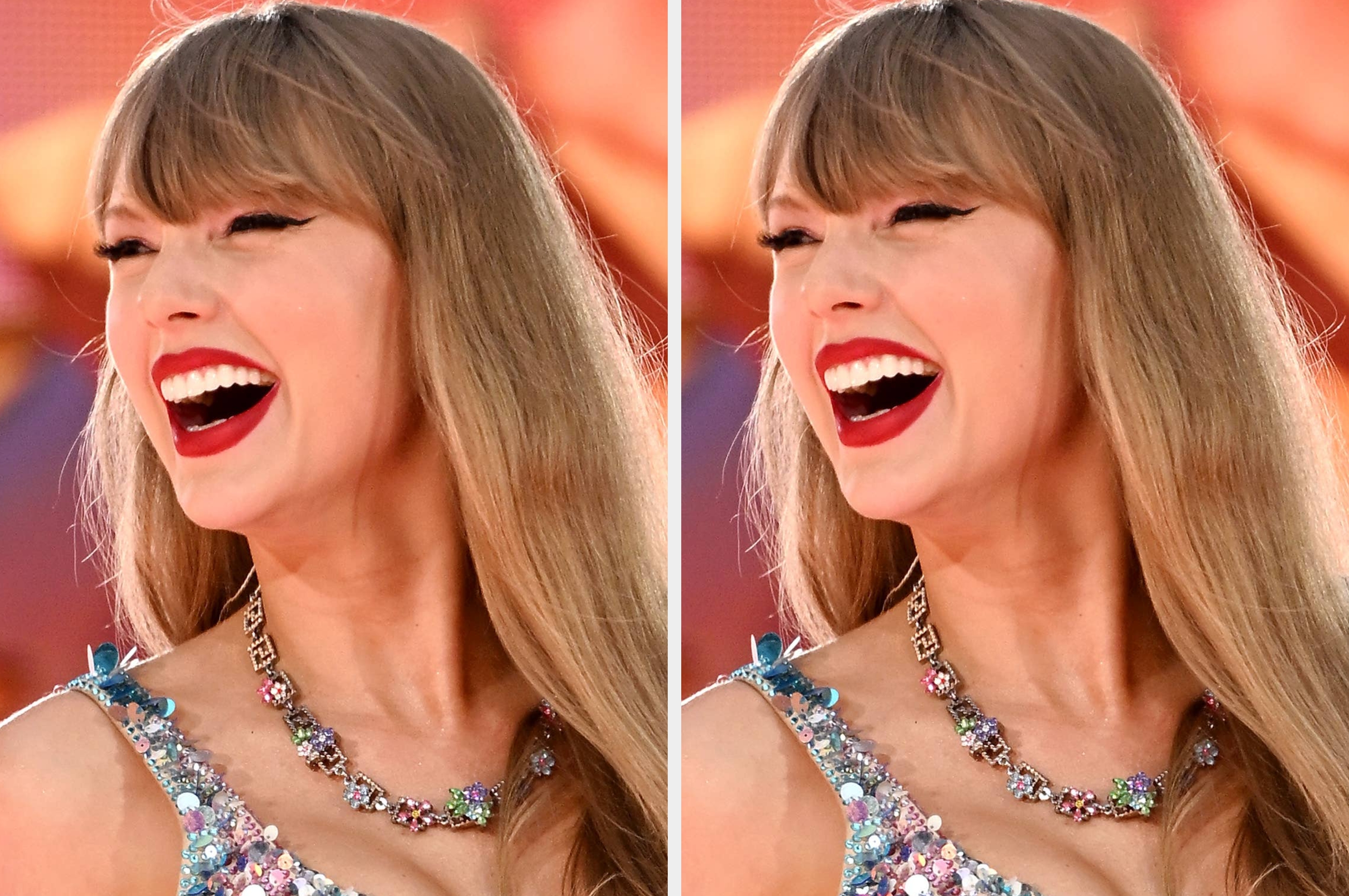 Woman wearing a sequined dress and statement necklace, smiling and looking to the side at a public event