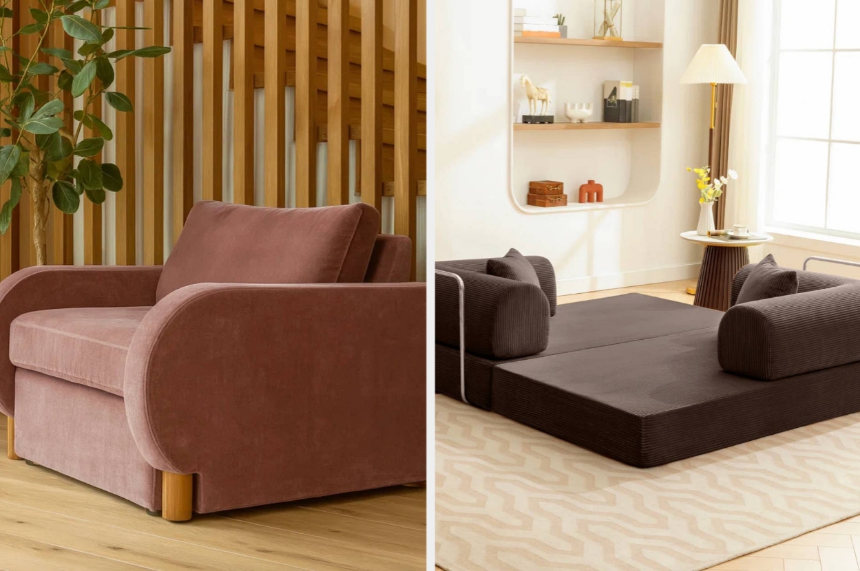 Two modern living room setups: one with a plush armchair and the other with a modular cushion sofa