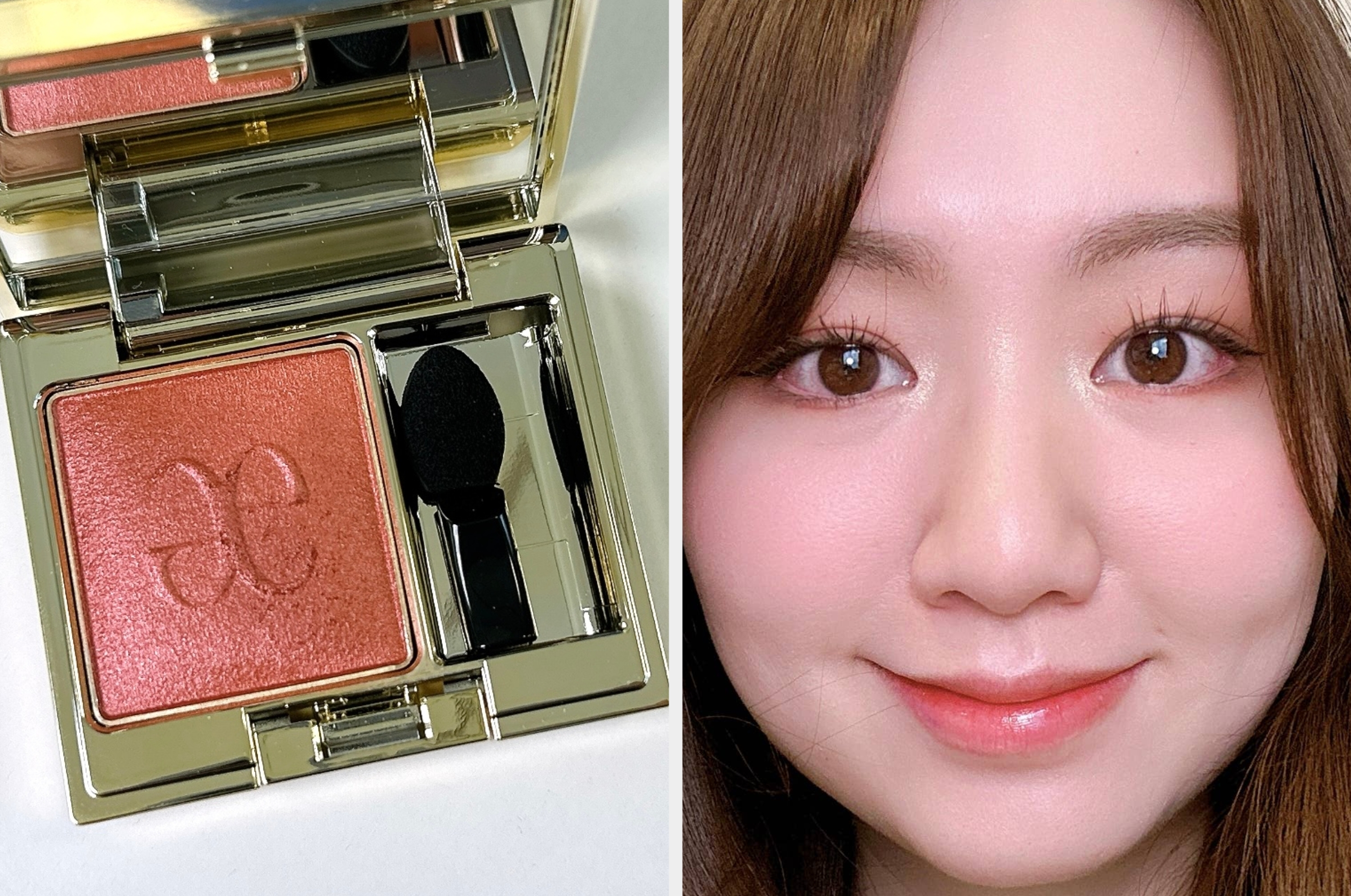 化粧パレットが開かれ、チークとアプリケーターがセットされています。