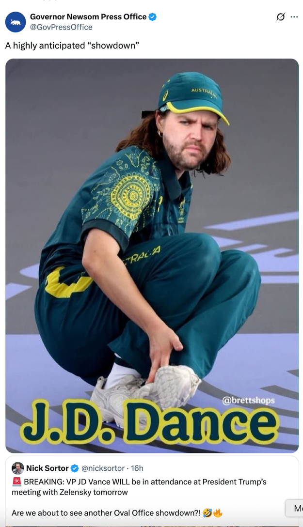 Man crouching connected a hoops court, wearing a stylish greenish outfit and headdress with intricate patterns. Overlay substance jokes astir a "showdown."