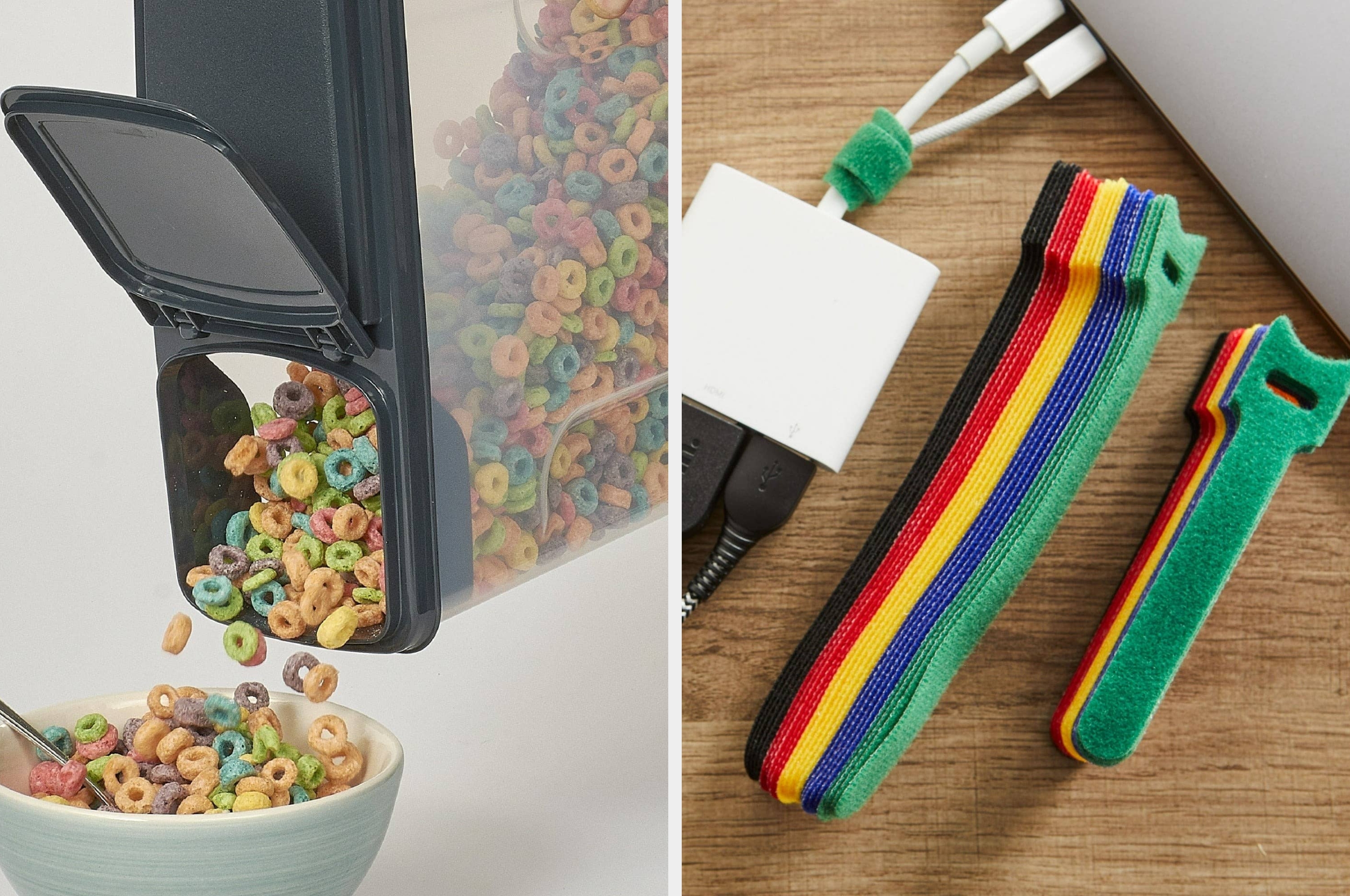 Cereal dispenser pouring into a bowl on the left; cable ties and adapters on the right, showcasing kitchen and tech organization products