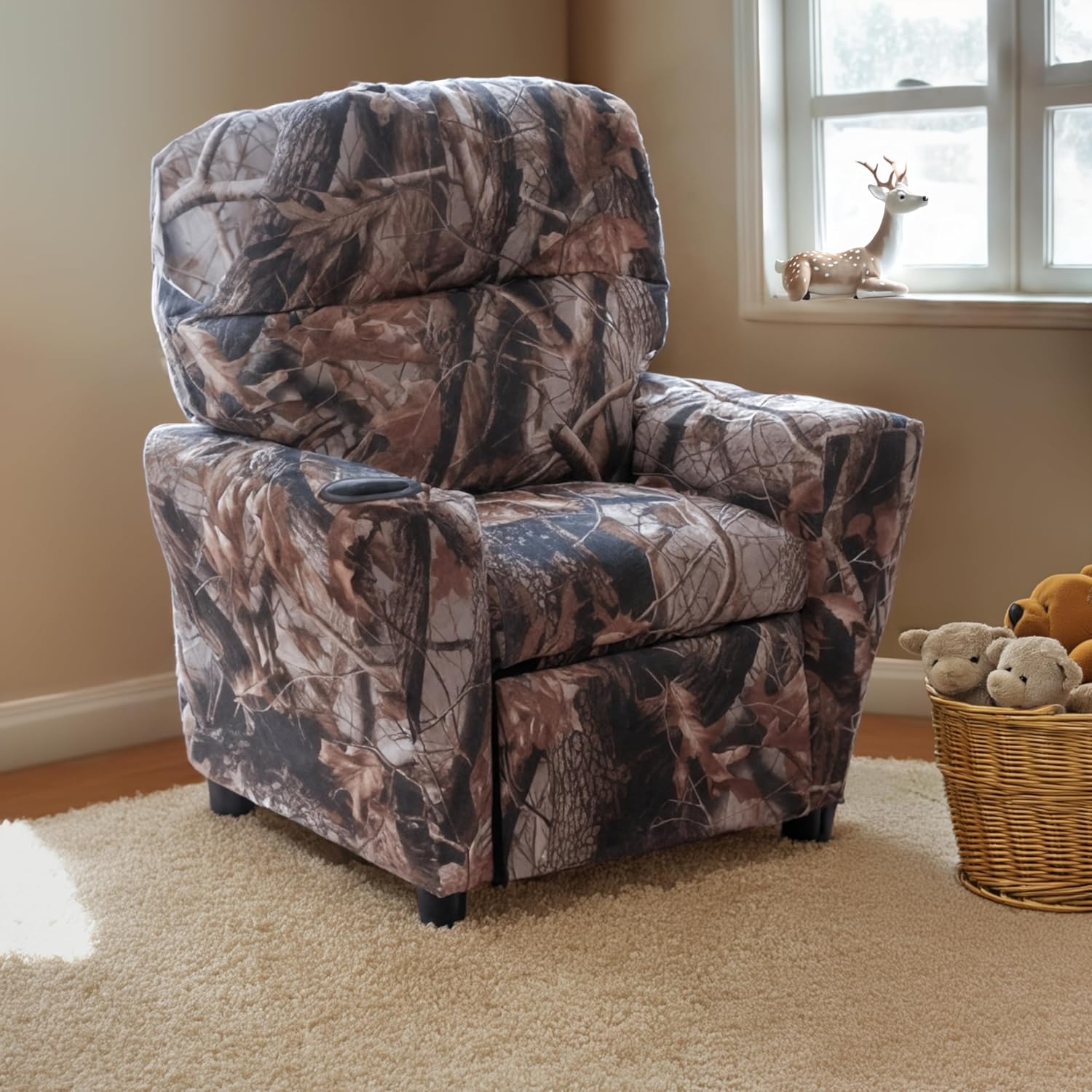 Armchair with a camouflage signifier   successful  a cozy room. A handbasket  of plush toys and a decorative cervid  figurine are nearby, adjacent  to a sunlit window
