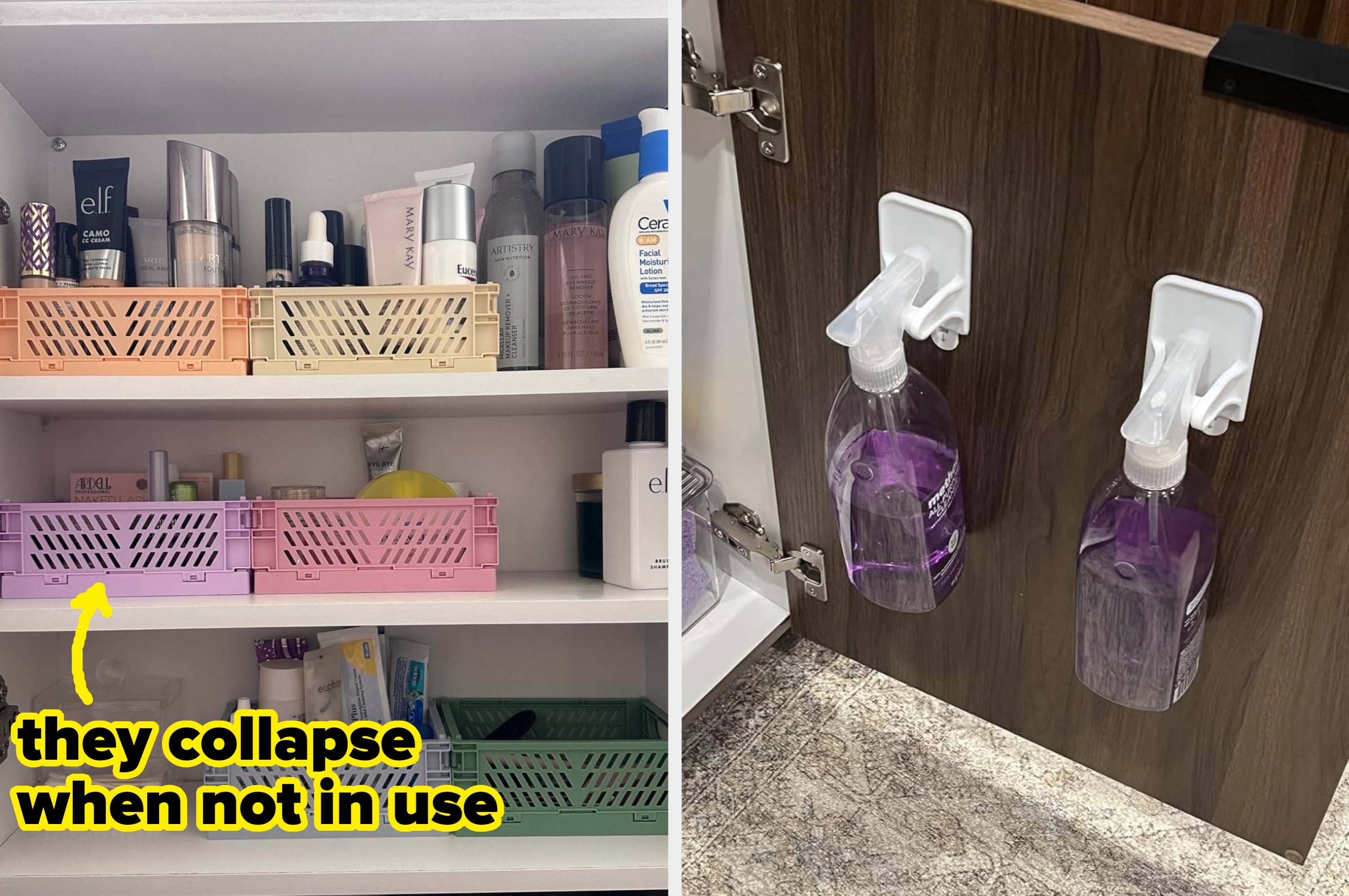 Cabinets organized with collapsible baskets and hanging spray bottles, showcasing efficient storage solutions. Yellow text reads "they collapse when not in use."