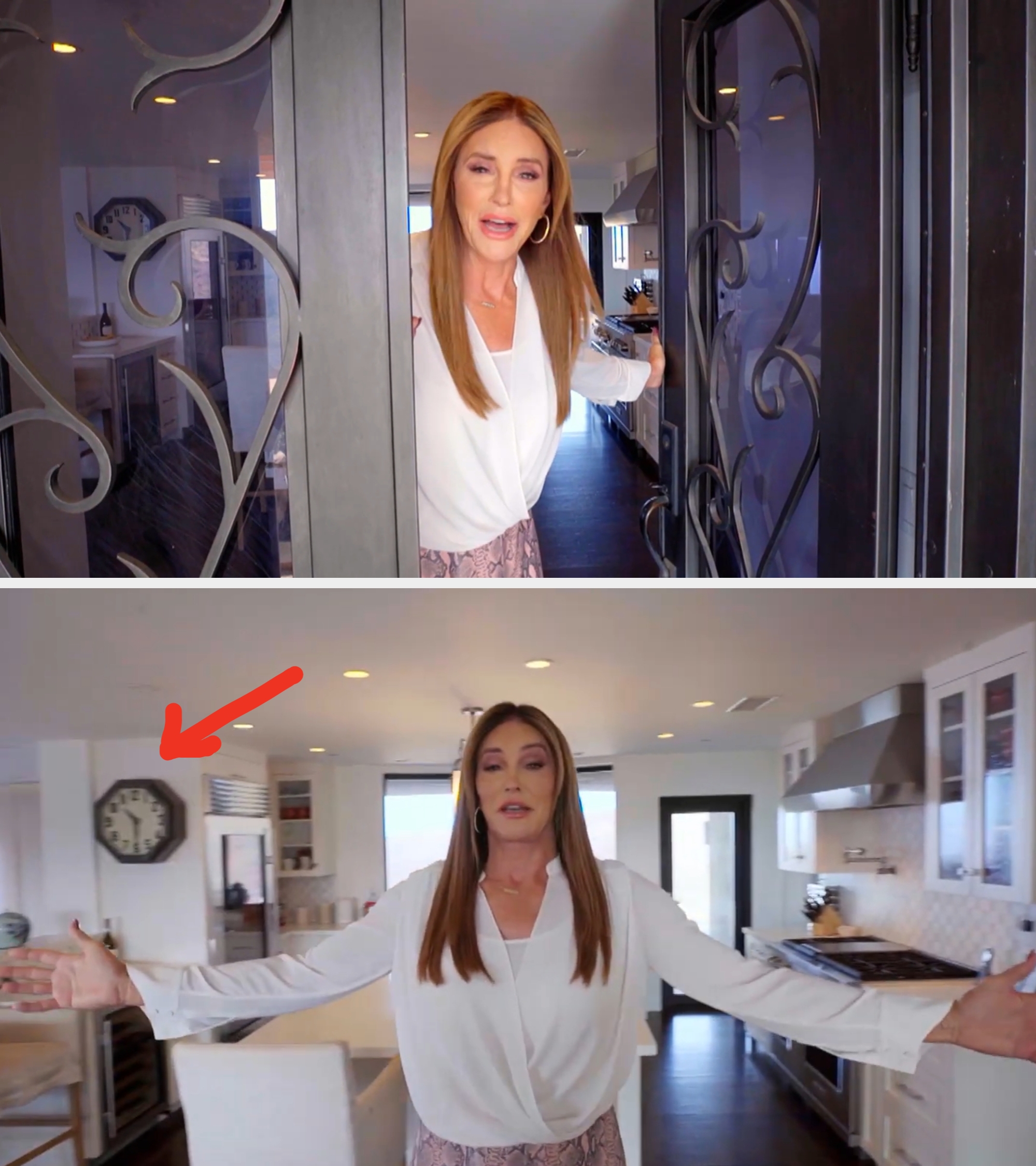 Person with agelong  hairsbreadth  and hoop earrings, wearing a achromatic  top, greets from a doorway, wrong  a modern   room  setting