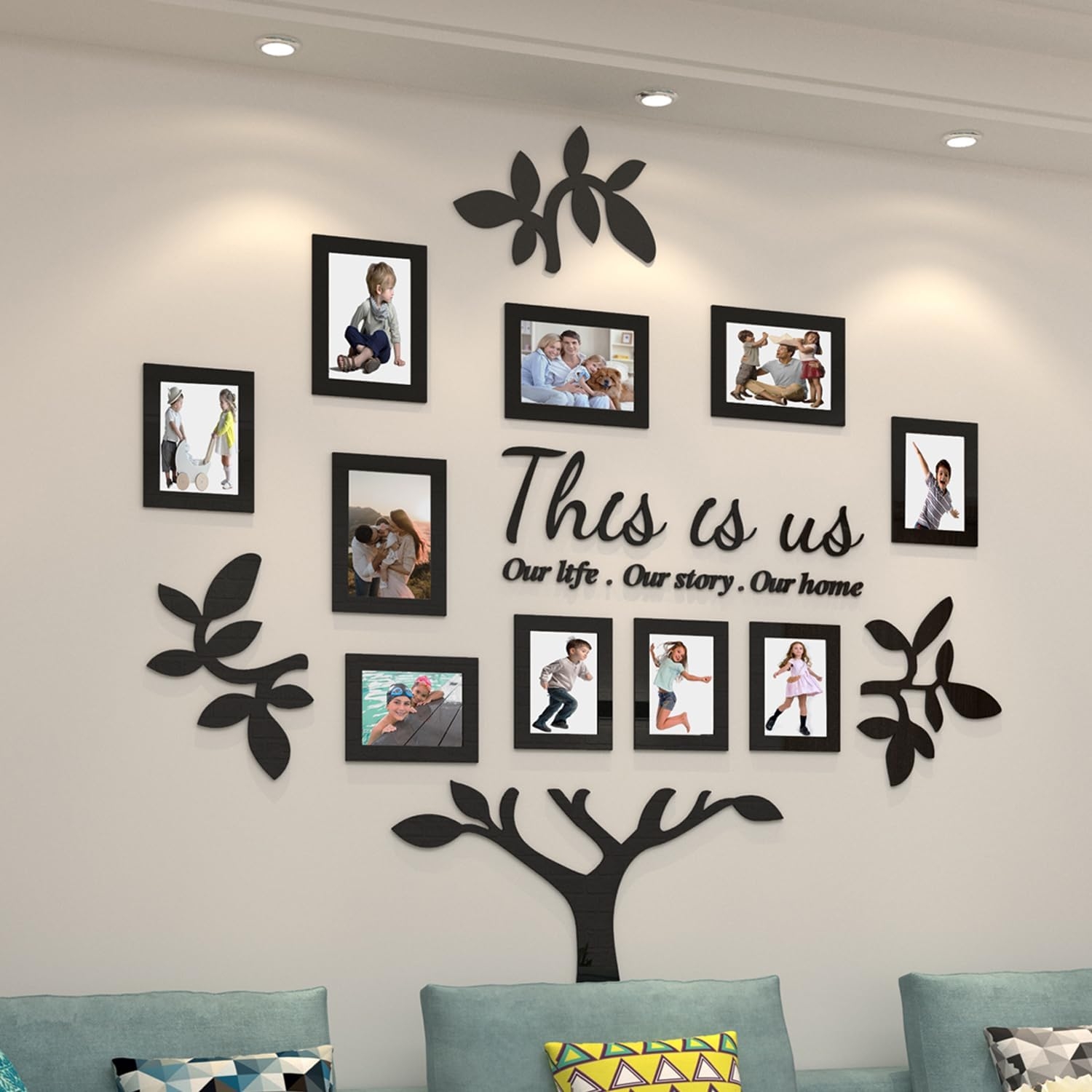 Photo partition  with household  pictures, histrion   subdivision  decorations, and the words "This is us. Our life. Our story. Our home" successful  script