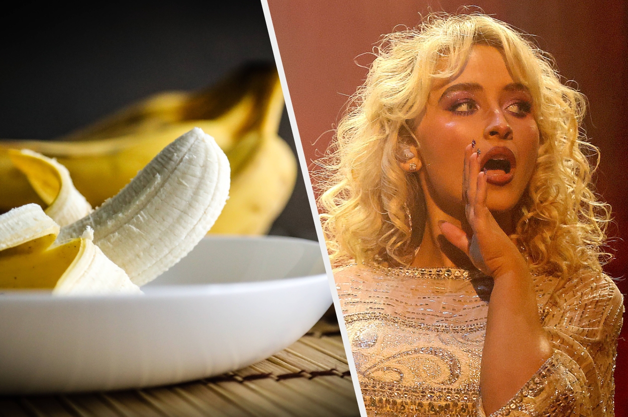 A split image: a peeled banana in a bowl on the left, and on the right, a person with curly hair wearing embellished clothing, gesturing dramatically