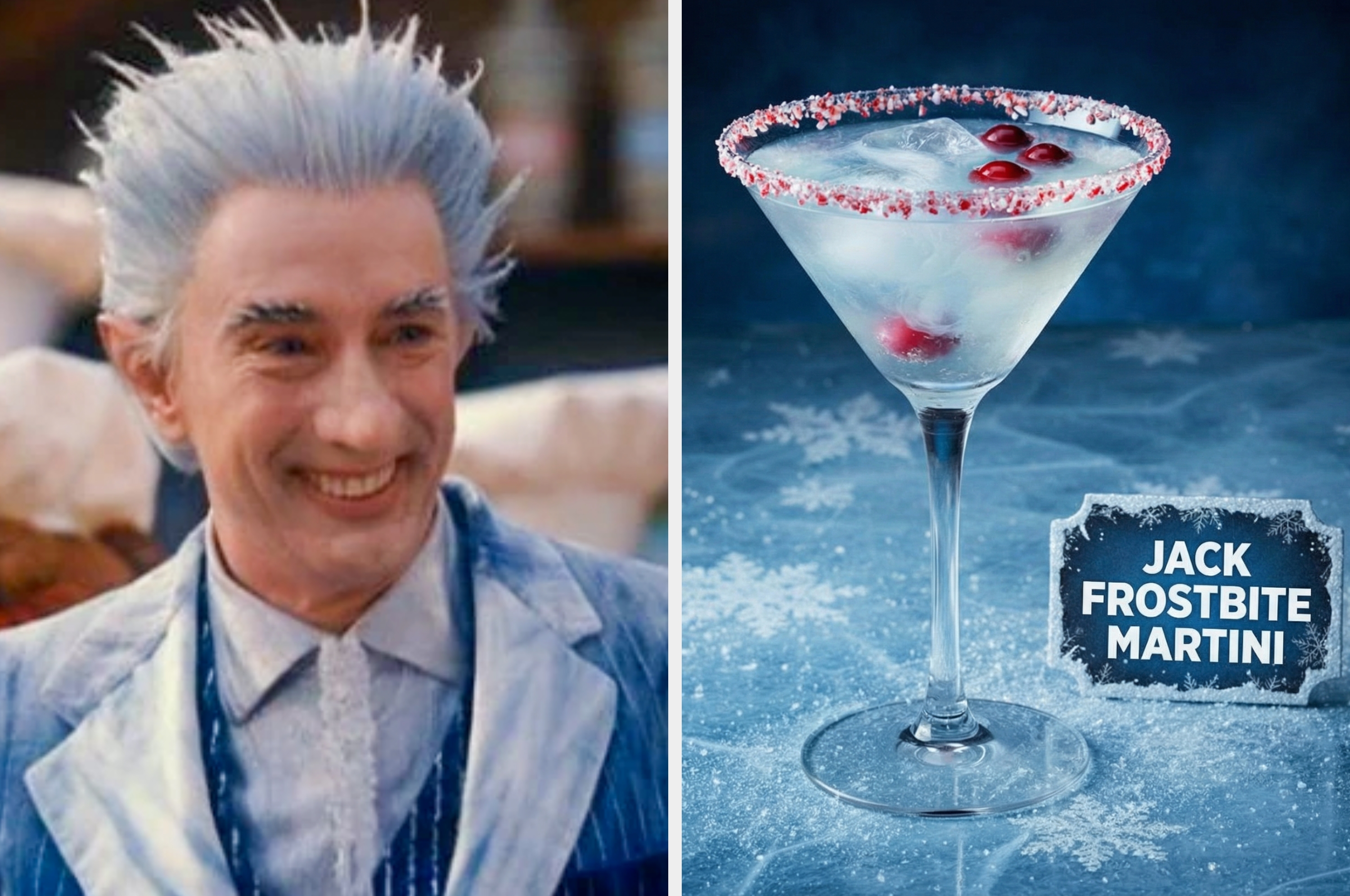 Jack Frost in icy-themed suit on the left; cocktail in a martini glass with a sugared rim and cranberries on the right, labeled "Jack Frostbite Martini."