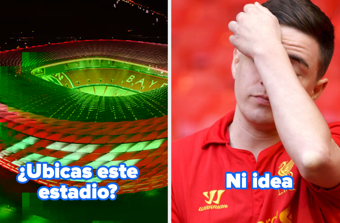 Left: A brightly lit soccer stadium. Right: A person in a Liverpool jersey covering their face. Text: "u00bfUbicas este estadio?" "Ni idea."