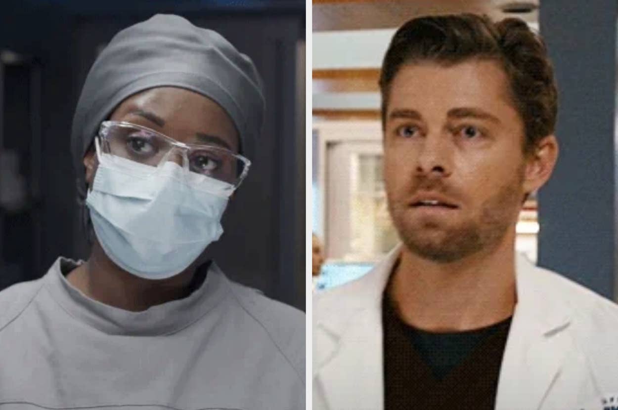 Two medical professionals in a TV show scene: one wearing a surgical mask and cap, the other in a white coat, appearing focused and intense