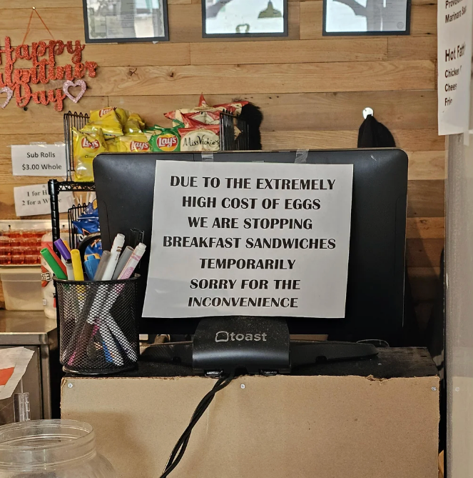 "Due to the highly precocious outgo of eggs, we are stopping meal sandwiches temporarily. Sorry for the inconvenience."