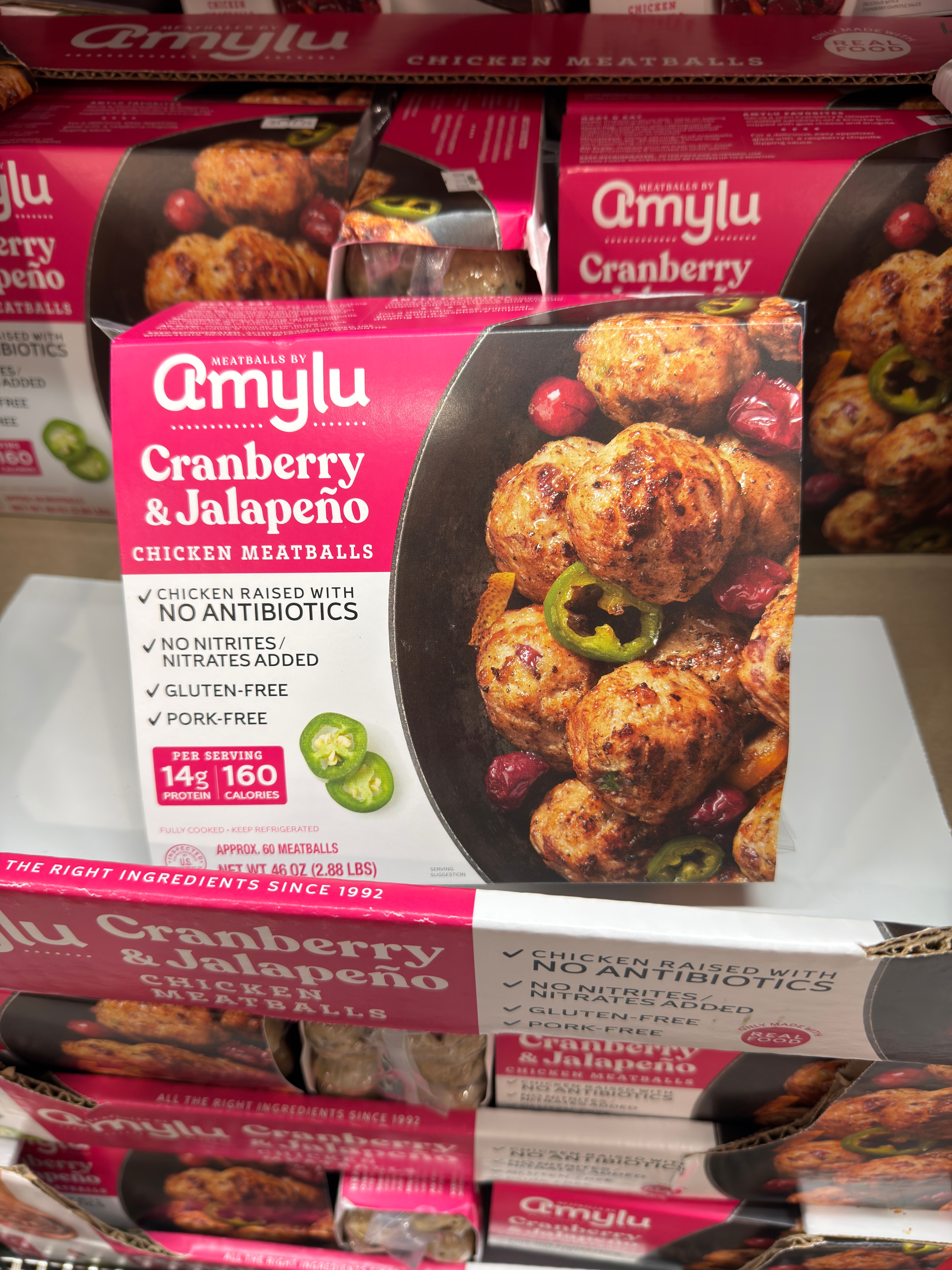 Box of Amylu Cranberry &amp;amp; Jalapeño Chicken Meatballs; gluten-free, with no antibiotics or added nitrites