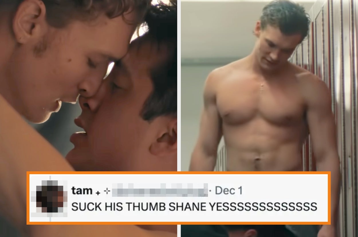 Two scenes: a close, intimate moment between two people, and one shirtless person in a locker room. Tweet overlay reads: "HAPPY HEATED RIVALRY DAY..."