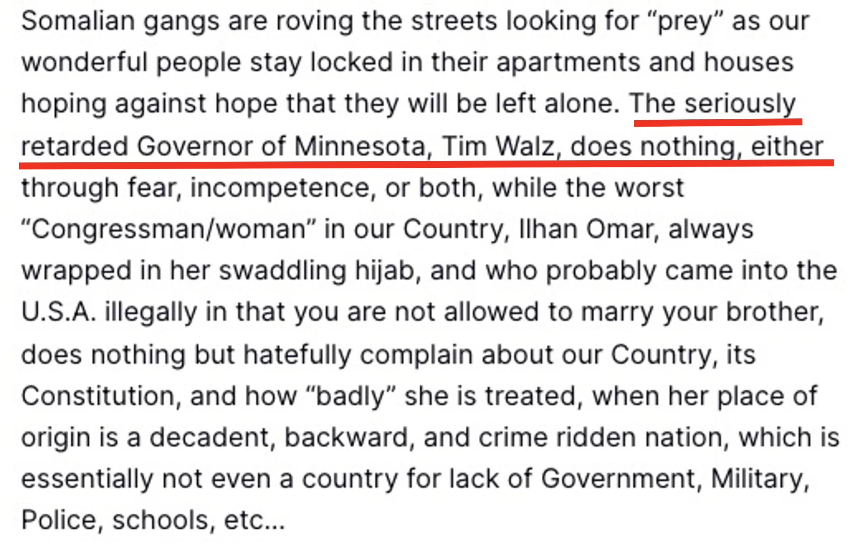 Bildet inneholder en tekst med støtende og falske påstander om somaliere, som nevner en guvernør og en kongresskvinne, og kommer med ubegrunnede anklager