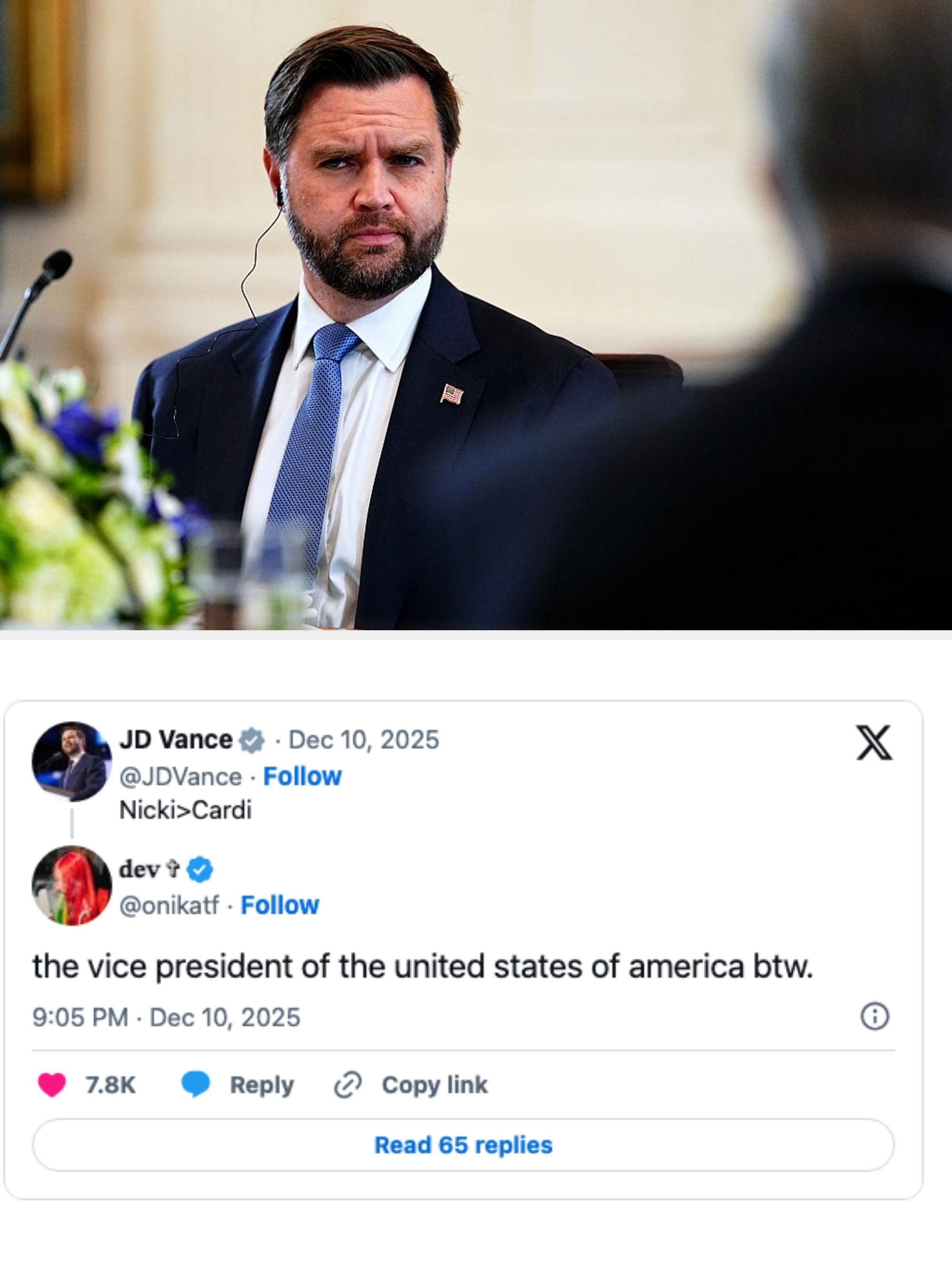 Sosiale medier-innlegg der en bruker oppgir "Nicki > Cardi" og en annen svarer, og nevner visepresidenten i USA