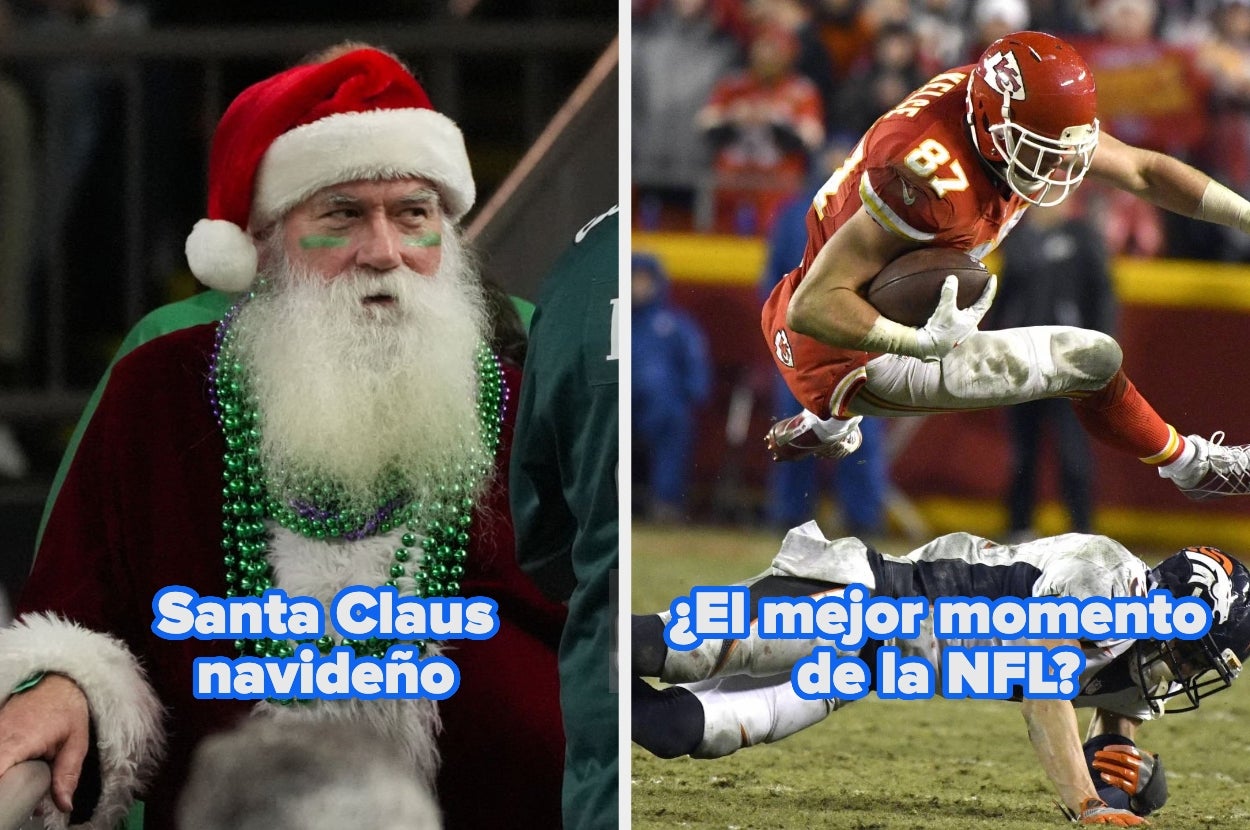 Left: Santa Claus in a festive setting. Right: Football player leaping over another during an NFL game