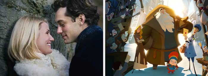 Pareja sonríe mirándose a los ojos junto a animación navideña con personajes vistiendo ropa de invierno