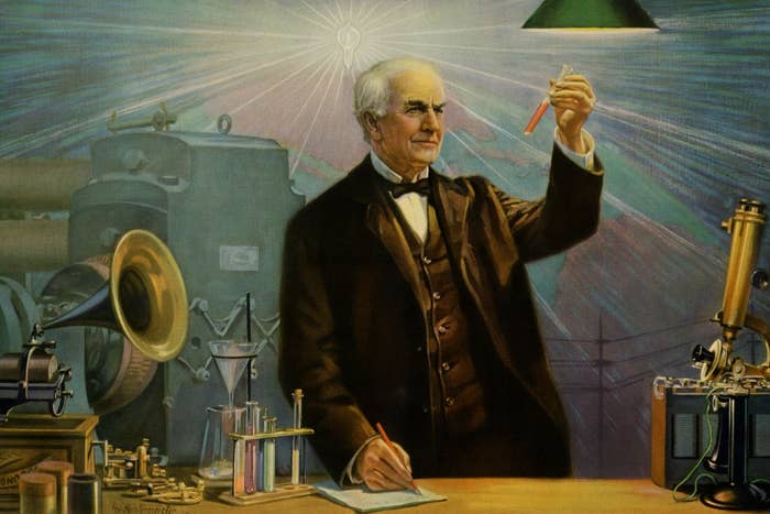 Illustration of an inventor successful  a suit   studying a trial  conduit  successful  a laboratory  filled with aboriginal  20th-century technology, symbolizing innovation