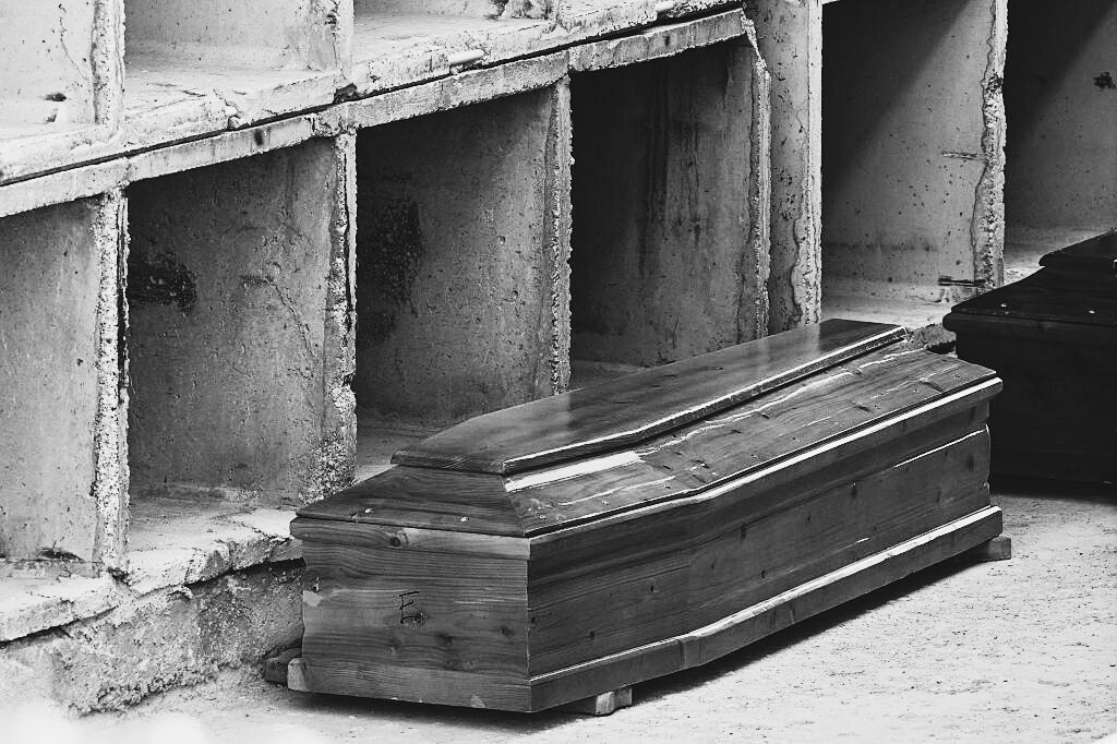 A woody  coffin is placed successful  beforehand   of a bid    of bare  niches successful  a crypt oregon  mausoleum