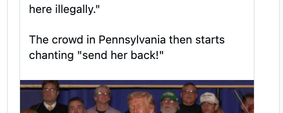 En tweet av Kelly Morrison kritiserer Trumps uttalelse om Ilhan Omar på et møte i Pennsylvania, hvor publikum synger 