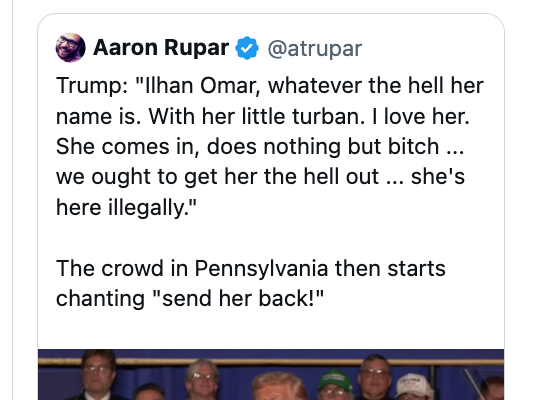 Et innlegg i sosiale medier av Ilhan Omar som kritiserer Trumps fiksering på henne, og fremhever hans mangel på økonomisk politikk og bruk av store bemerkninger