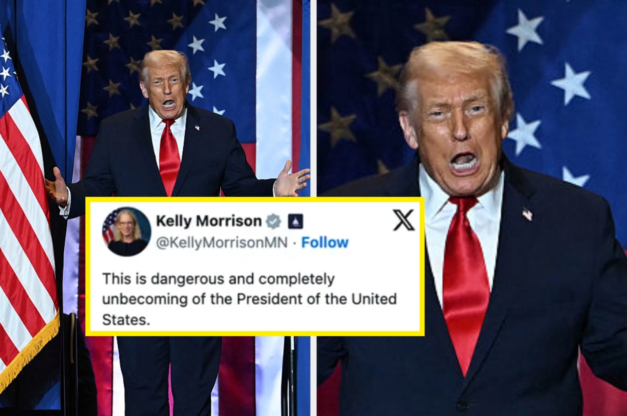 A person in a suit on stage with large flags behind. Inset tweet criticizes the behavior as "unbecoming" of the U.S. President
