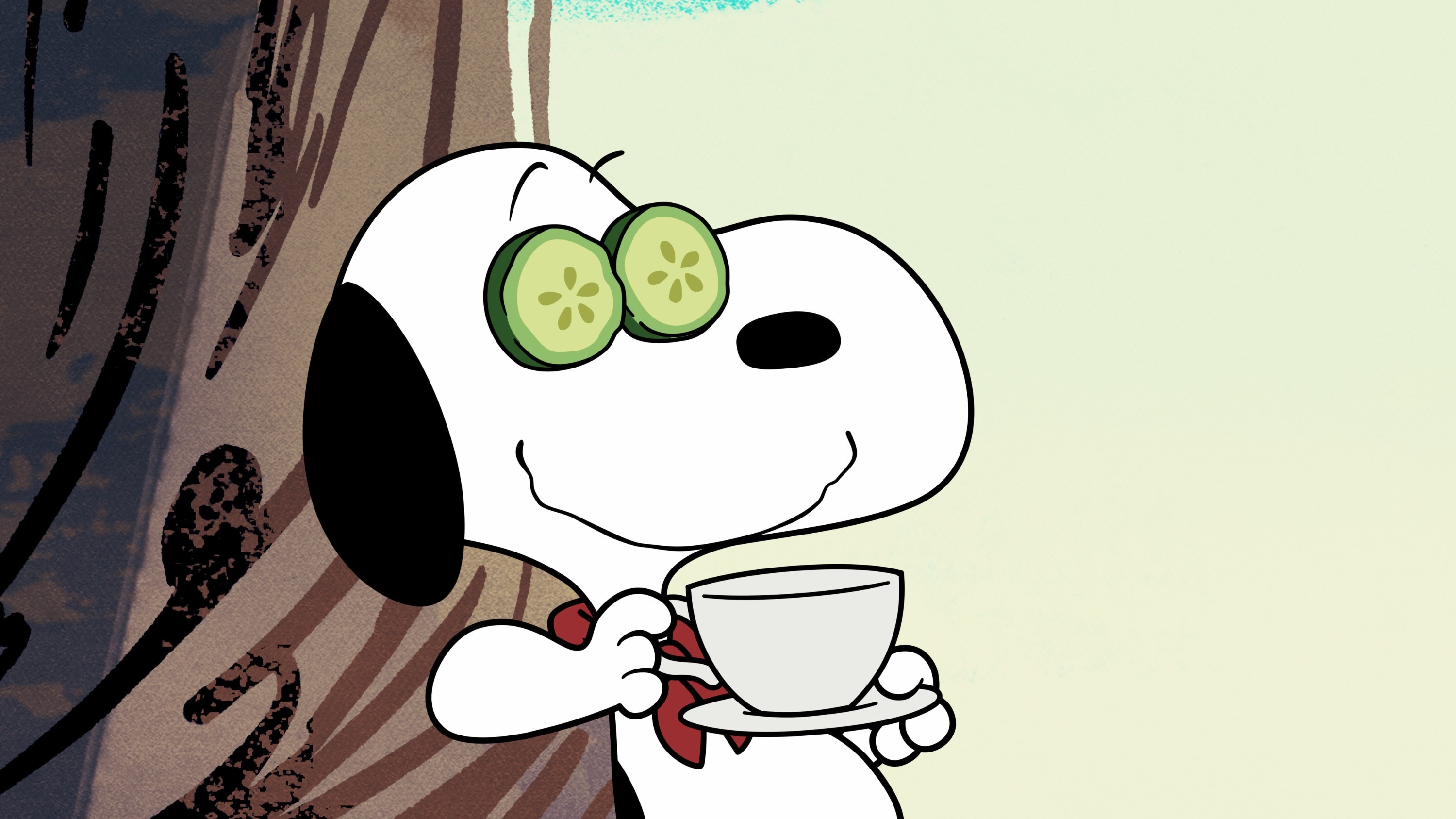 Tegneseriehund med agurkskiver over øynene, smilende og avslappende med en tekopp ved et tre
