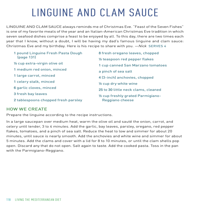 Recipe for linguine and clam sauce with steps for preparation. Ingredients include linguine, clams, garlic, San Marzano tomatoes, oregano, and parsley