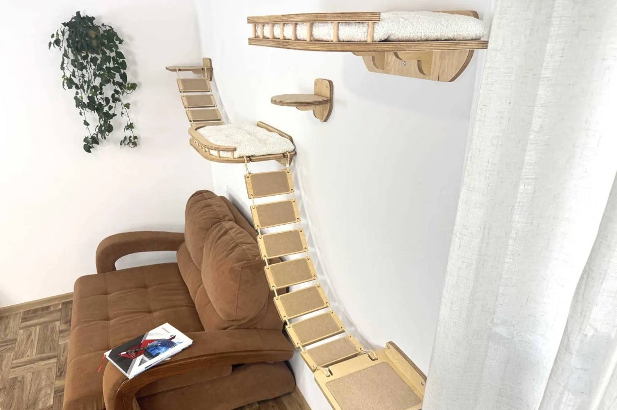Cat climbing wall system above a brown sofa, featuring platforms, bridges, and spots for resting