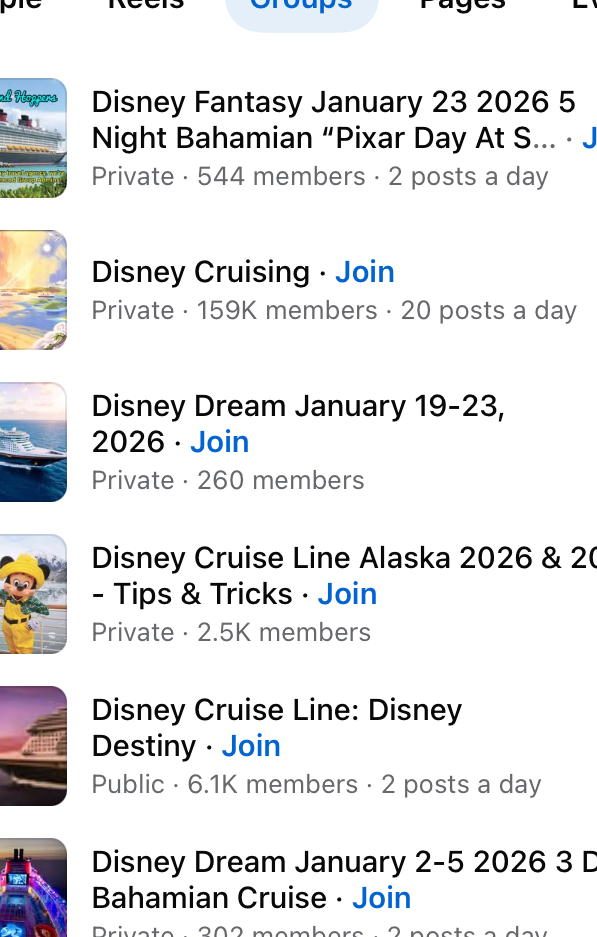 Screenshot of Facebook groups related to Disney cruises successful  2026, showing radical  names and subordinate   counts