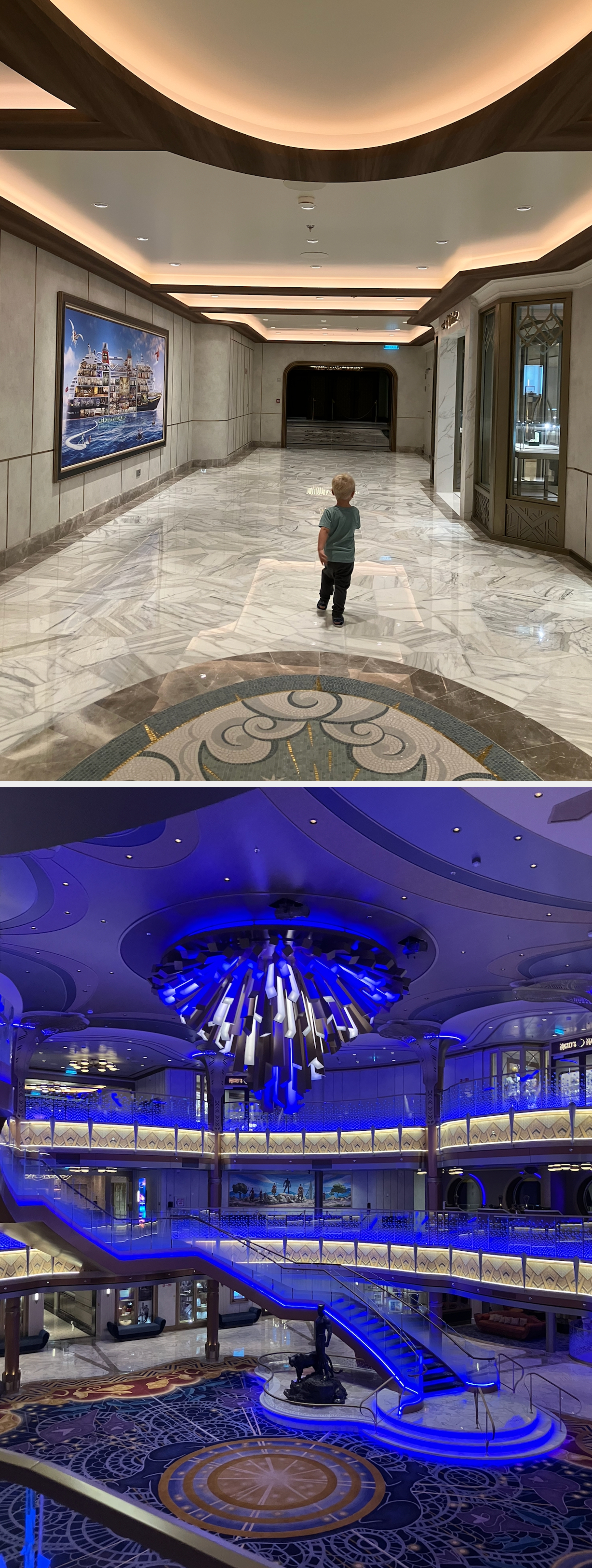 A kid  walks successful  a luxurious marble hallway; below, an opulent vessel  interior with a expansive  staircase and intricate chandelier stands out