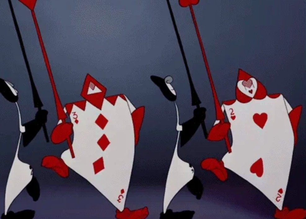 Card soldiers with hearts and diamonds walking, from a classical  animated movie   scene