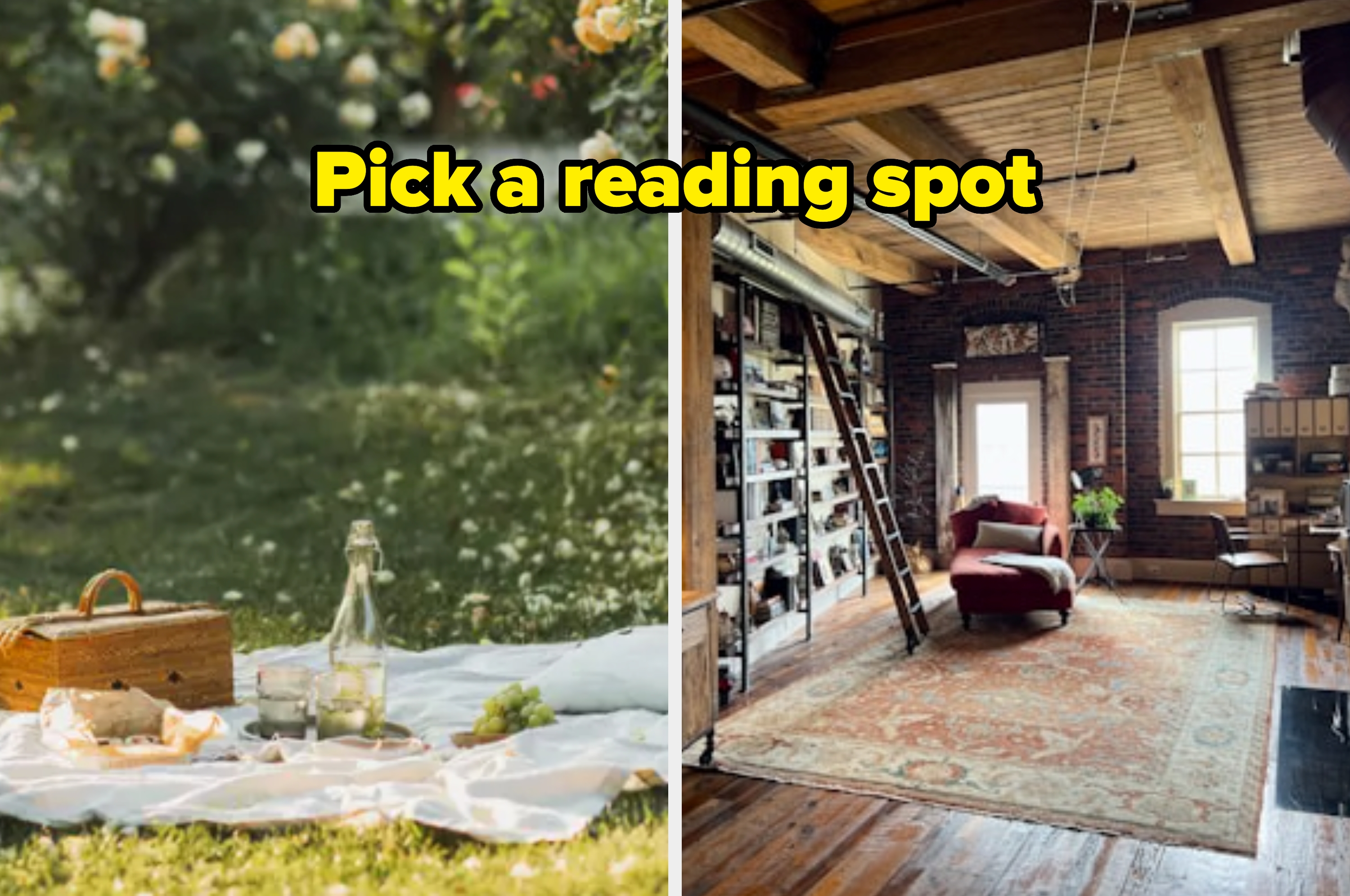 Split image: Left shows a picnic setup in a garden. Right shows a cozy indoor room with a bookshelf and armchair. Text: "Pick a reading spot."