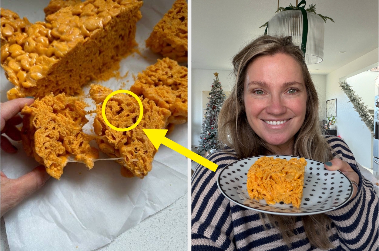 A woman holding a plate with a large rice cereal treat, while the left image shows a close-up of the treat's texture