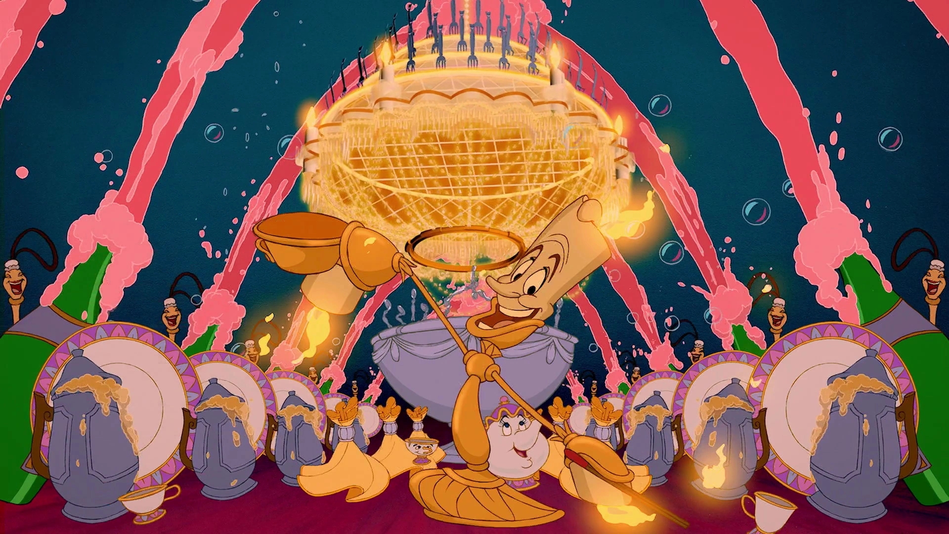Animated scene from Beauty and the Beast featuring Lumière entertaining with dancing dishes and a grand chandelier in the background
