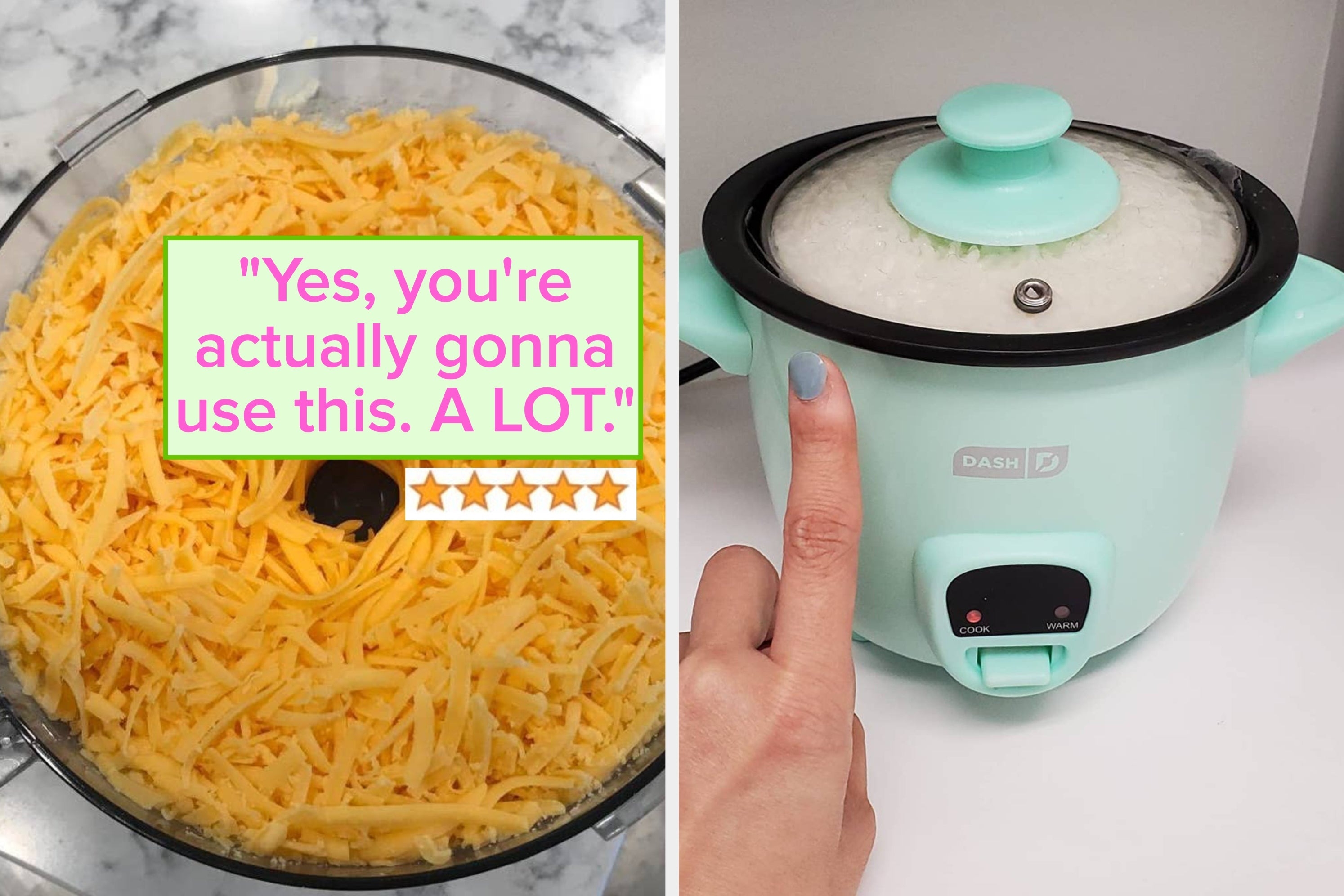 Shredded cheese in a bowl with a user review about frequent use next to a finger pointing at a small rice cooker