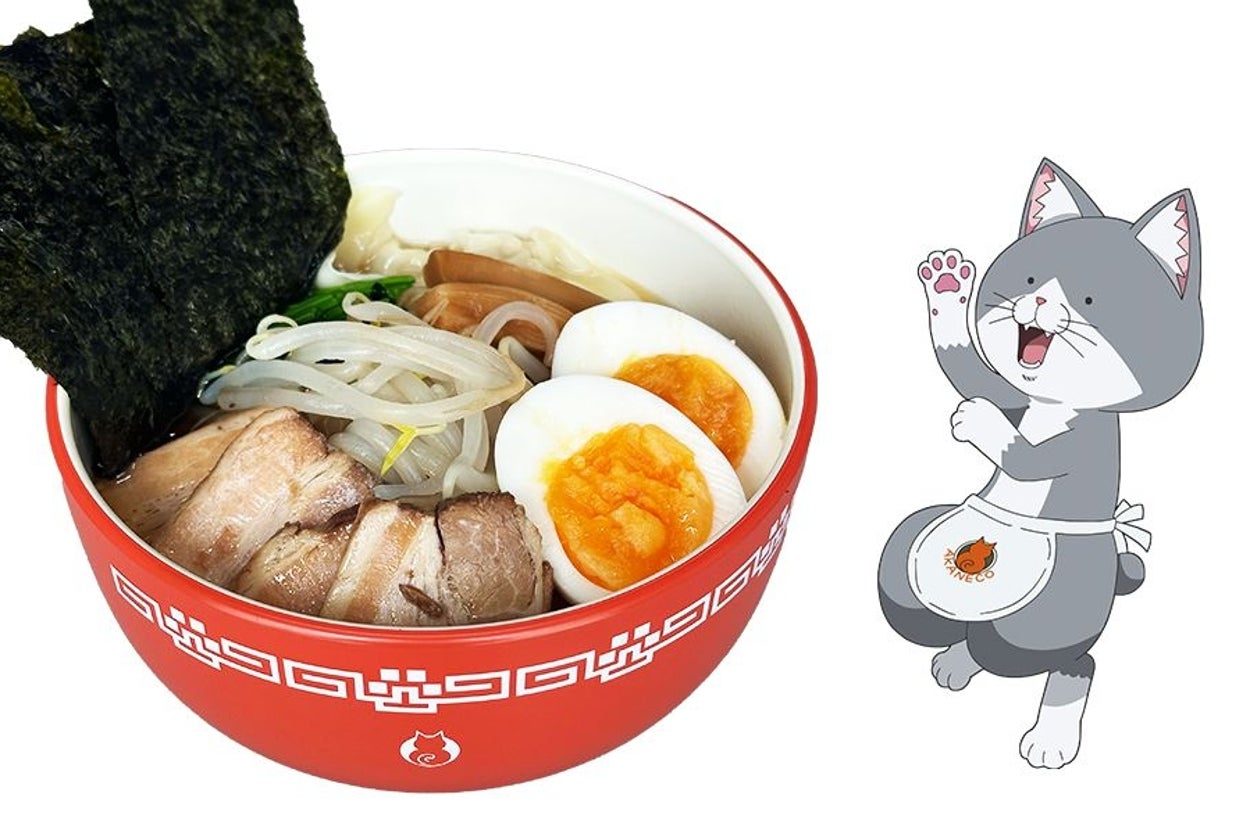 出来上がりのイメージ図と『ラーメン赤猫』従業員の佐々木さん / 河京のプレスリリースより