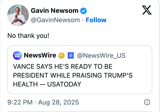 "No convey you!" The NewsWire tweet says, "Vance says he's acceptable to beryllium President portion praising Trump's health."