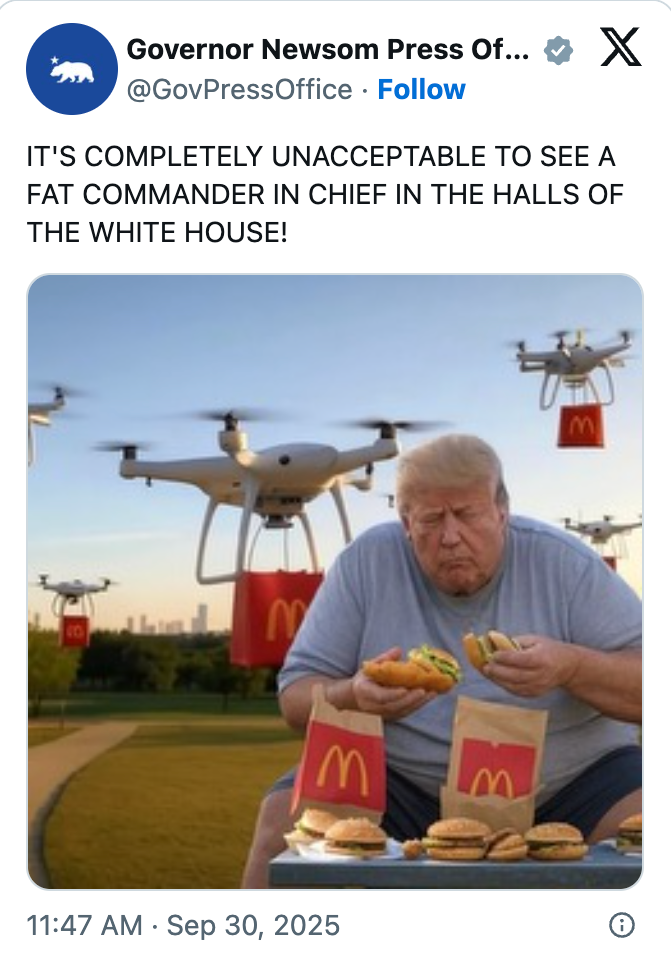 Parody representation of a antheral eating accelerated nutrient connected the White House tract with drones. Tweet criticizes a "fat commandant successful chief."