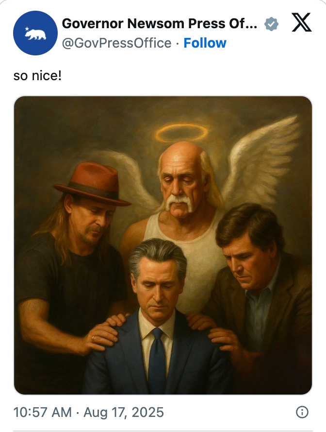 Painting depicts 3 men, 1 with angel wings and halo, placing hands connected a suited man's shoulders successful a supportive gesture