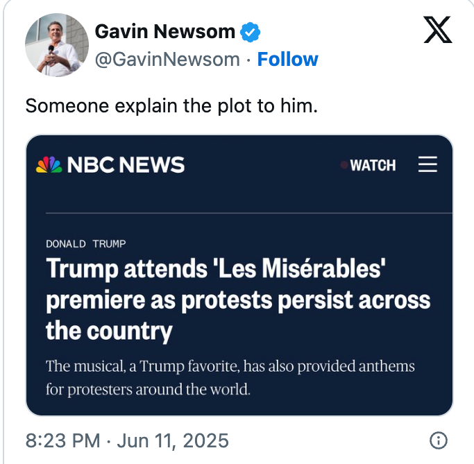 "Someone explicate the crippled to him." Screenshot of an NBC News header astir Trump attending 'Les Misérables' amid protests