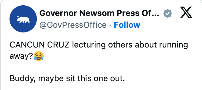 Tweet showing a antheral with luggage, labeled "CANCUN CRUZ," walking successful an airport. Below, a tweet from Sean Hannity criticizes Gavin Newsom