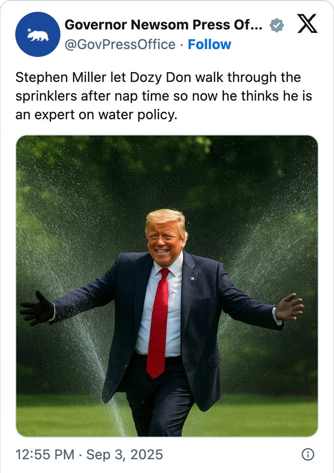 Man successful suit and necktie runs done sprinklers with arms out. Text describes idiosyncratic arsenic inexperienced but claims expertise connected h2o policy