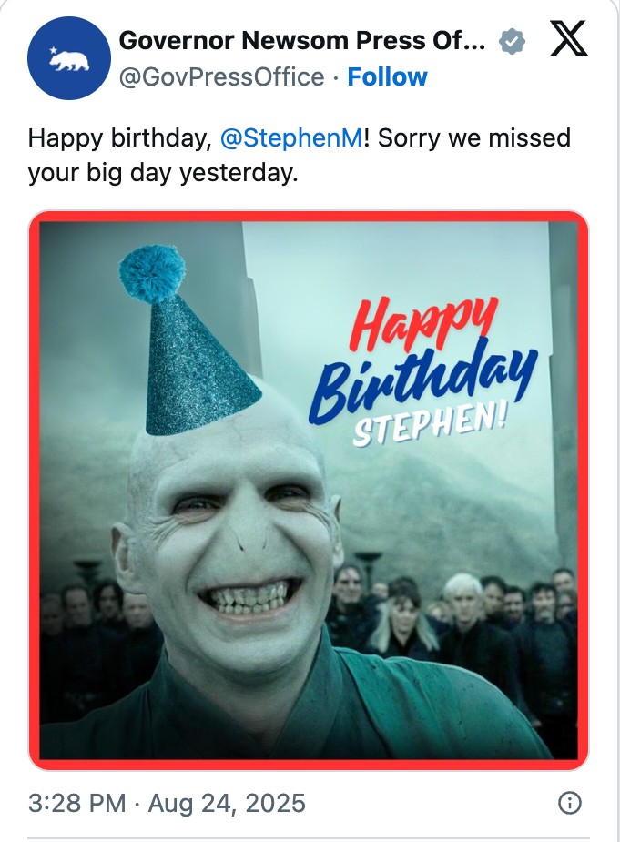 Image of a tweet from the Governor Newsom Press Office wishing Stephen M a belated blessed day with an edited photograph of a fictional bald quality wearing a bluish enactment hat