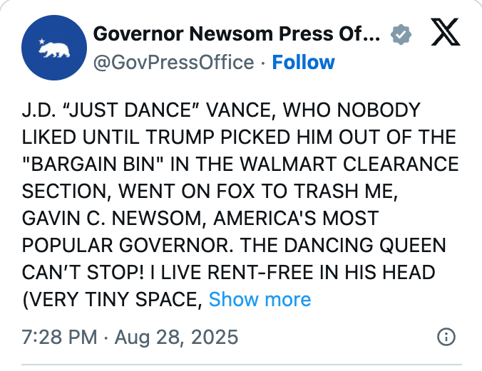 It humorously critiques J.D. Vance, mentioning his governmental transportation to Trump and his comments astir Gavin Newsom