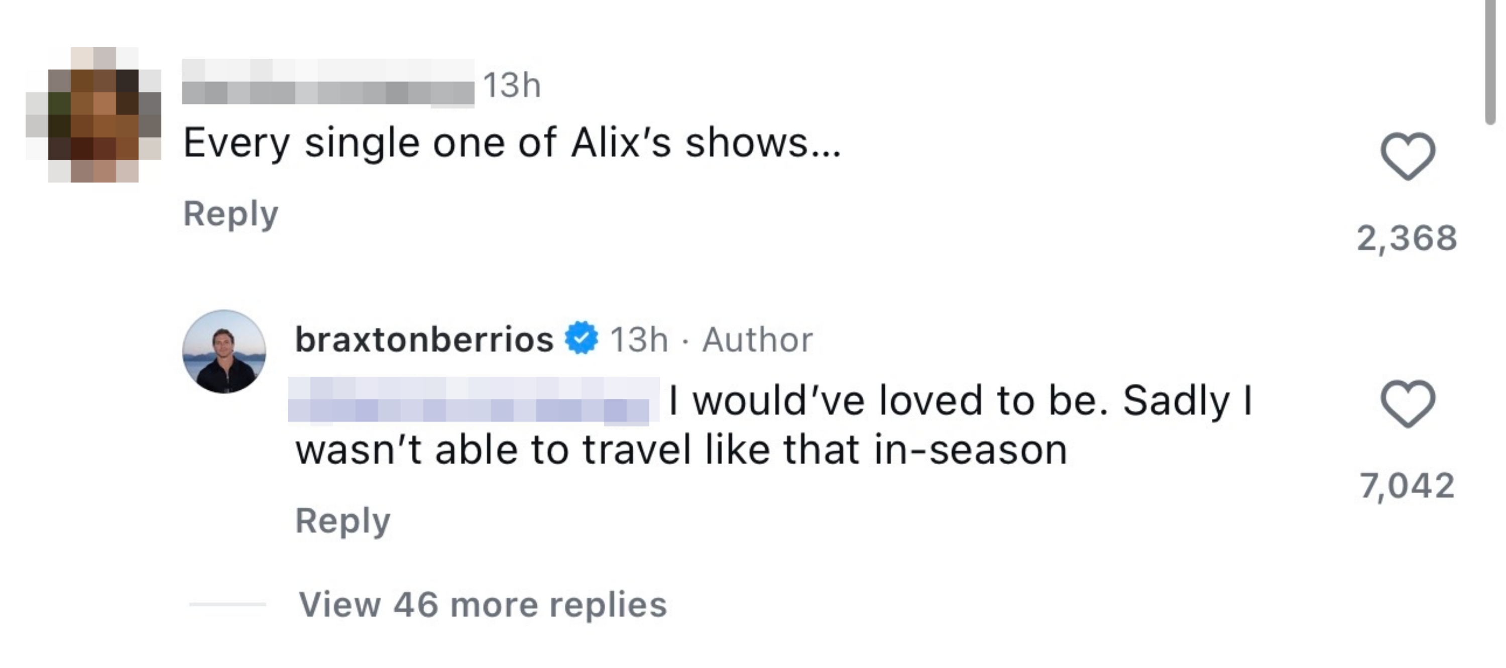  Kenzie Caraway mentions attending Alix's shows. Braxton Berrios replies, expressing regret implicit    not attending owed  to question   constraints